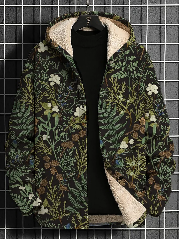 Men's Botanical Plant Floral All Over Print Long Sleeve Fleece Lined Hooded Jacket