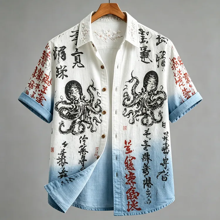 Men's Retro Japanese Octopus And Calligraphy Art Pattern Casual Shirt