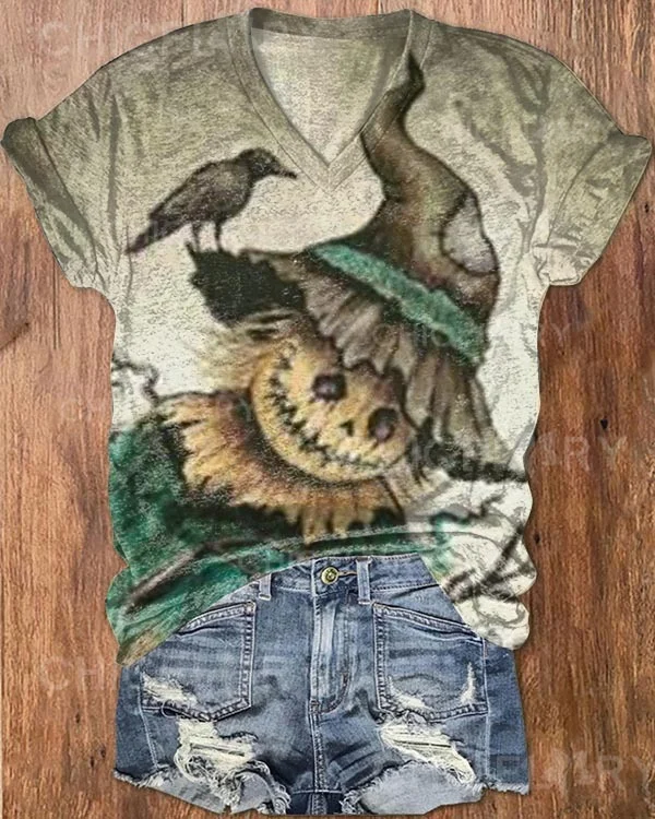 Halloween Pumpkin Puppet V-Neck Top