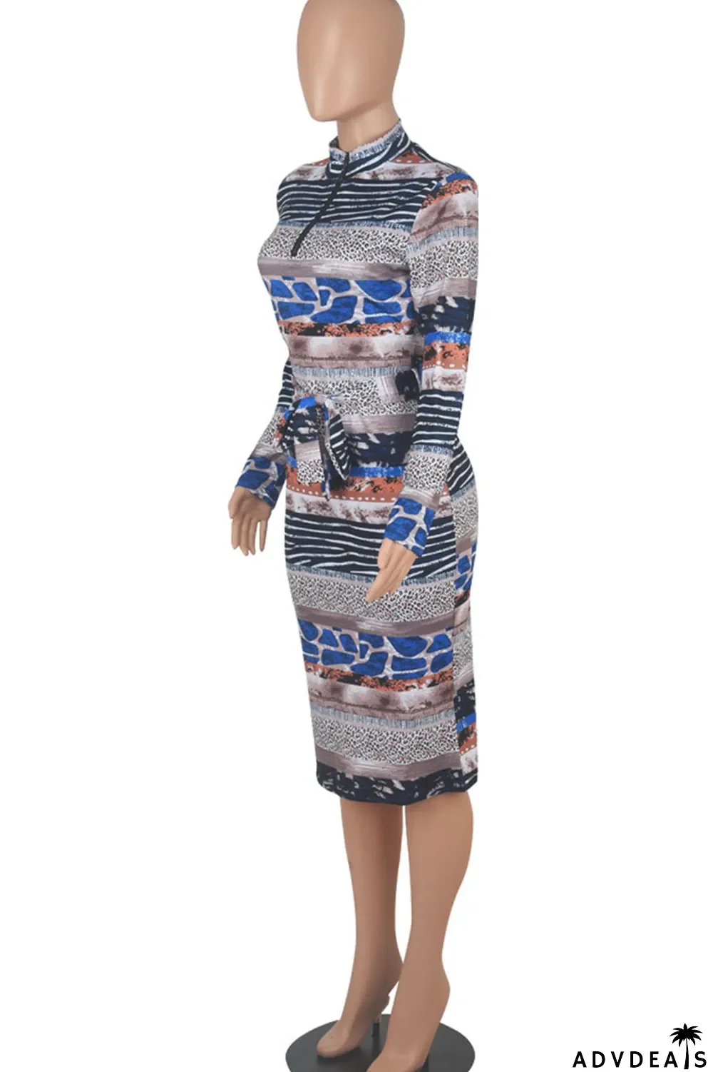 Yellow Blue Casual Print Patchwork With Belt Zipper Collar One Step Skirt Dresses