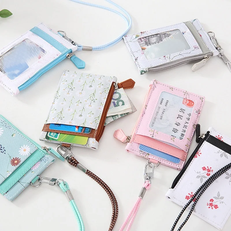Women Floral PU Leather Card Holder Neck Strap with Lanyard Badge Wallet Bank Credit Card ID Holder Wallet Case Purse Bags Pouch