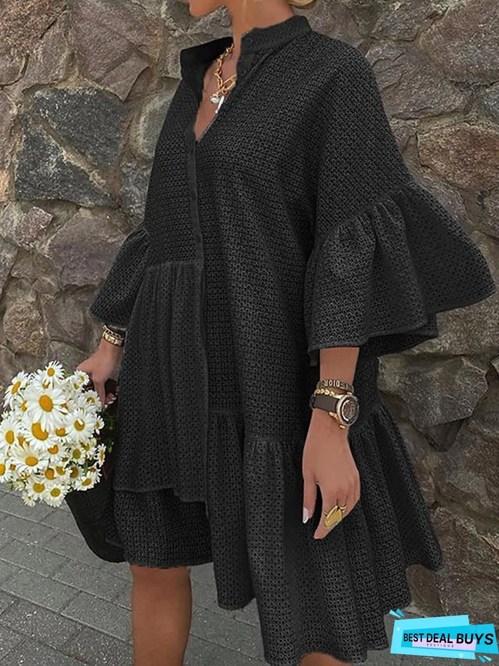 Women's Shift Dress Knee Length Dress - Half Sleeve Solid Color Button Summer V Neck Hot Casual Flare Cuff Sleeve Loose White Black White Dresses