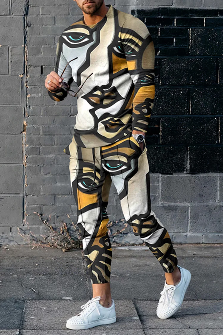 Fashion Khaki Art Face Print T-Shirt And Pants Co-Ord