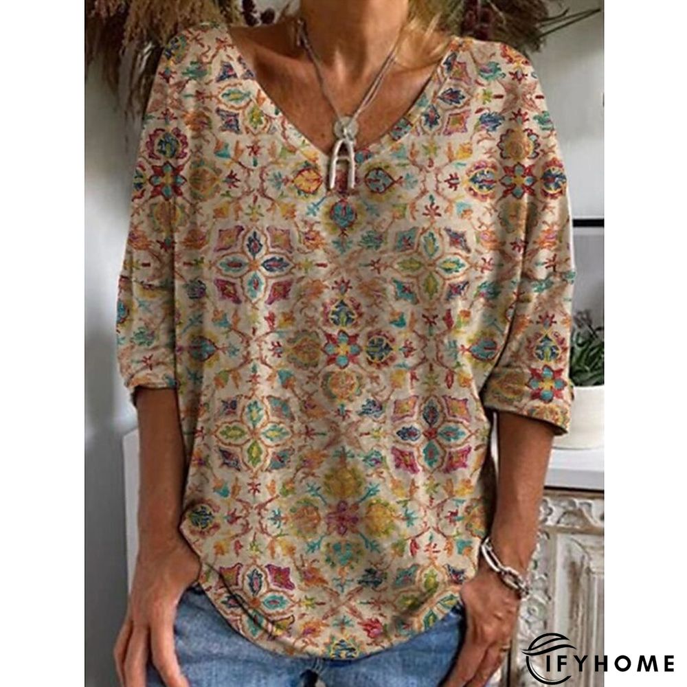 Women's T shirt Tee Khaki Floral Print Half Sleeve Casual Weekend Basic V Neck Regular Floral Painting S | IFYHOME