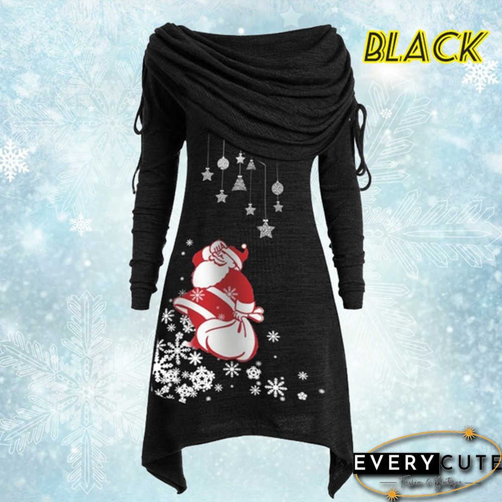 Womens Fashion Christmas Santa Claus Snowflake Print Ruched Foldover Collar Dress Cotton