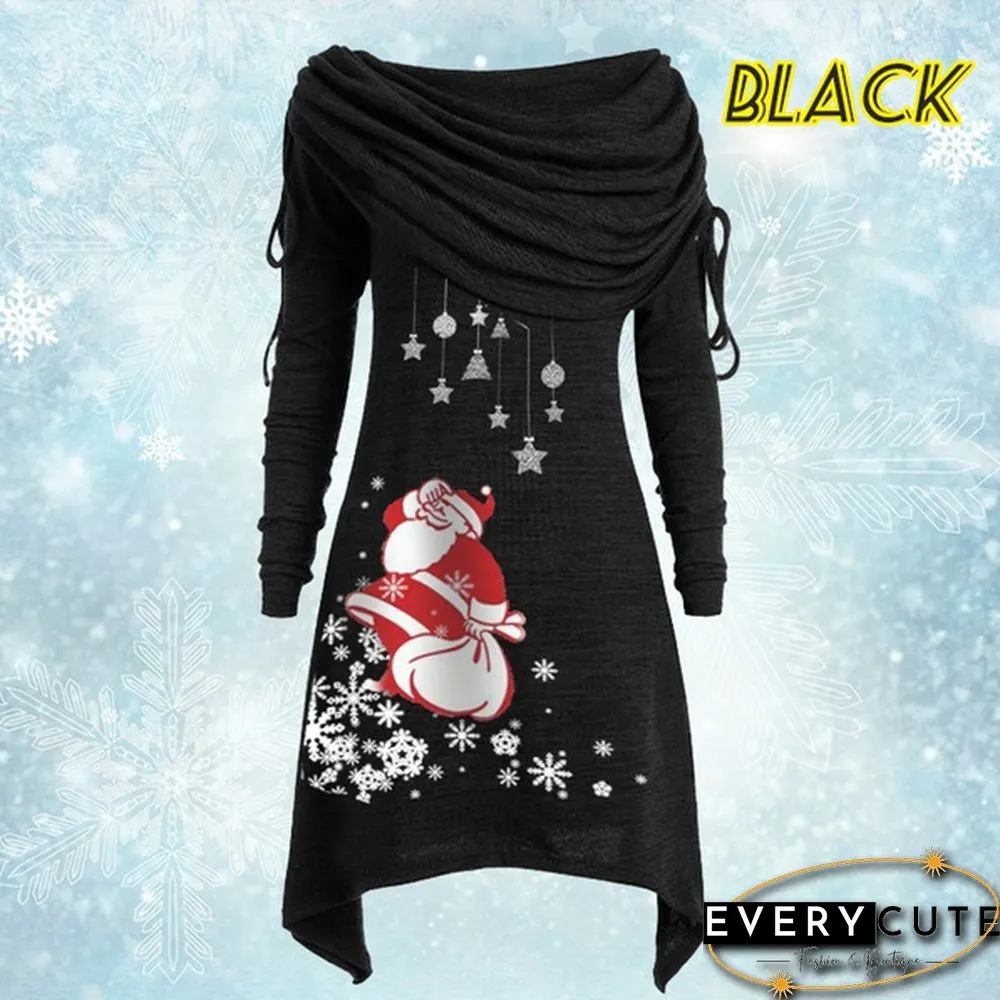 Womens Fashion Christmas Santa Claus Snowflake Print Ruched Foldover Collar Dress Cotton