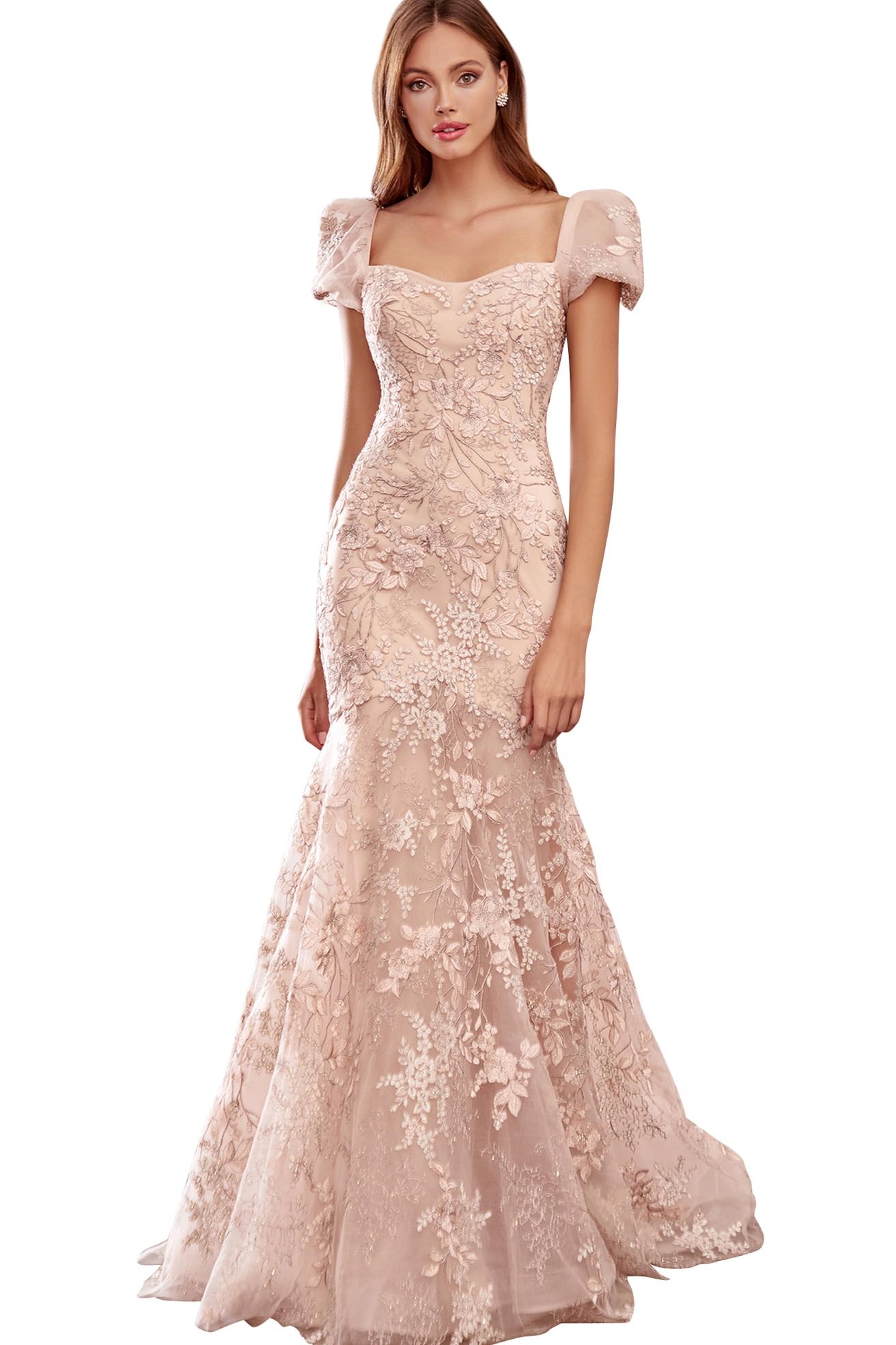 Ovlias Graceful Pink Long Sleeve Square Applique Mermaid Evening Dress LY0683