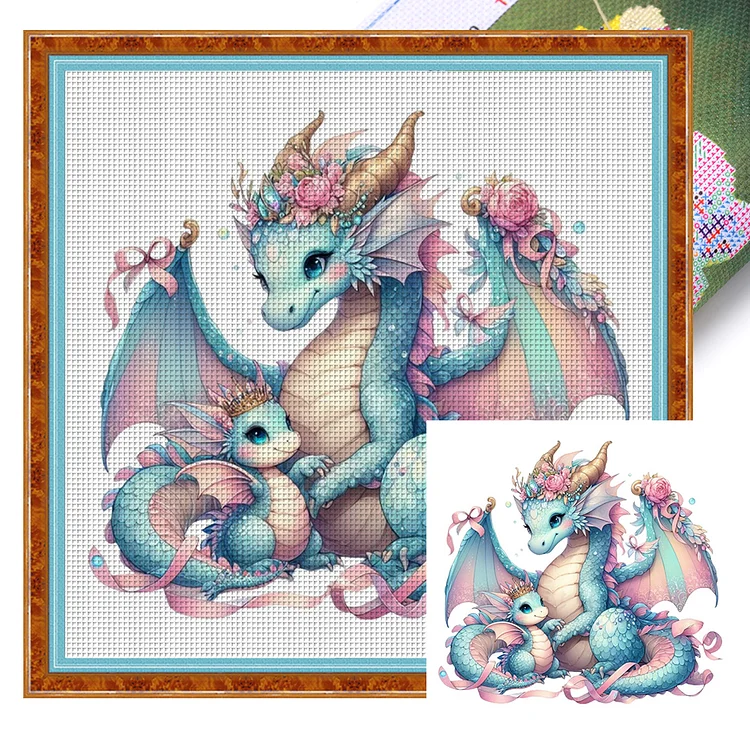 【Huacan Brand】Mother And Son-Blue Dragon 16CT Stamped Cross Stitch 40*40CM