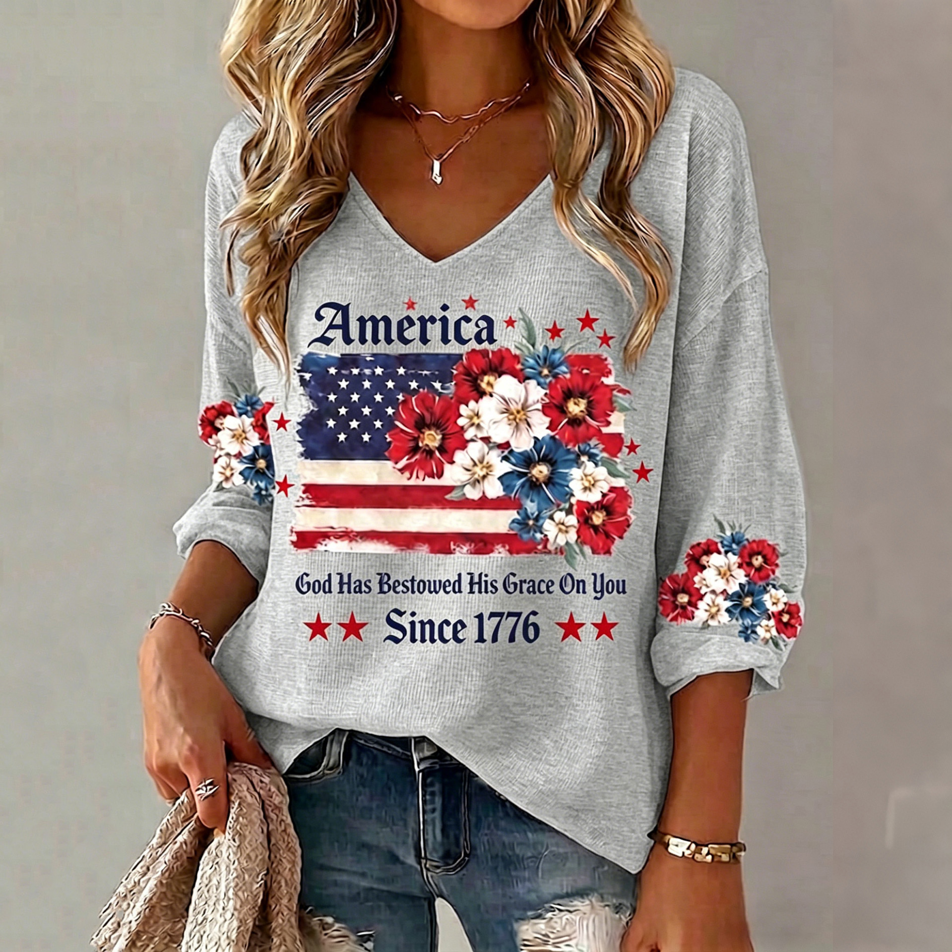  Women's Anniversary National Flag Floral Print Waffle Long Sleeve T-shirt Westsshops