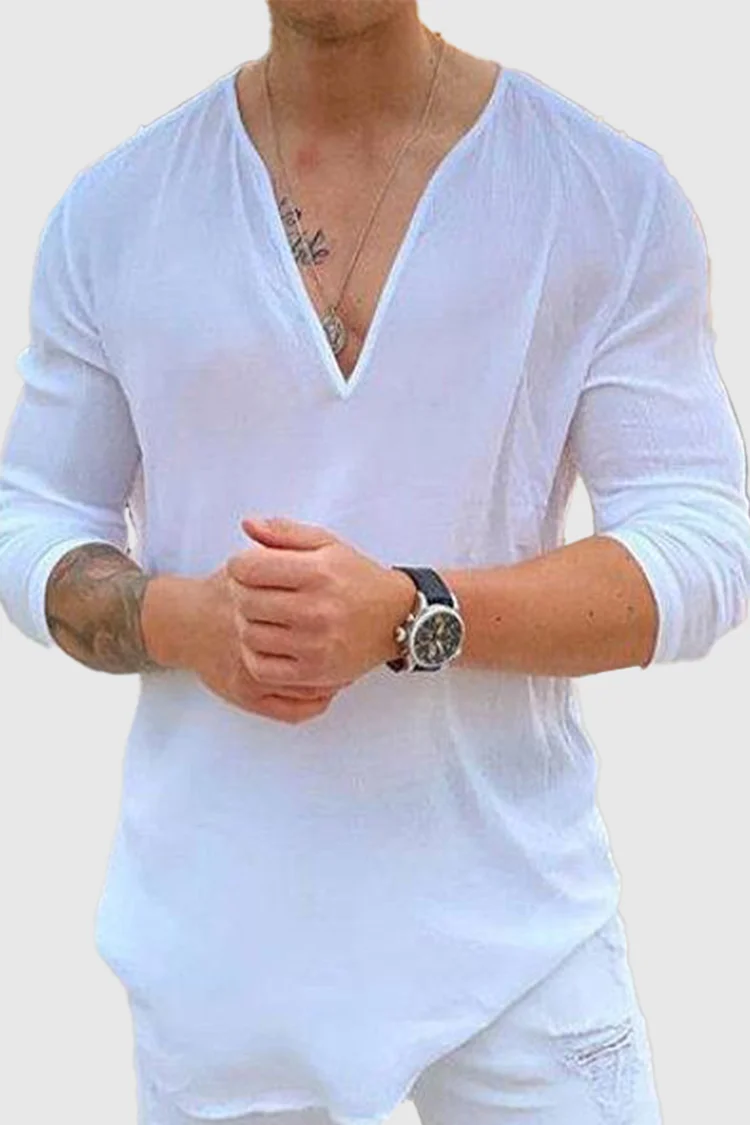 Tiboyz Men's Casual Solid Color V-Neck Linen Long Sleeve T-Shirt