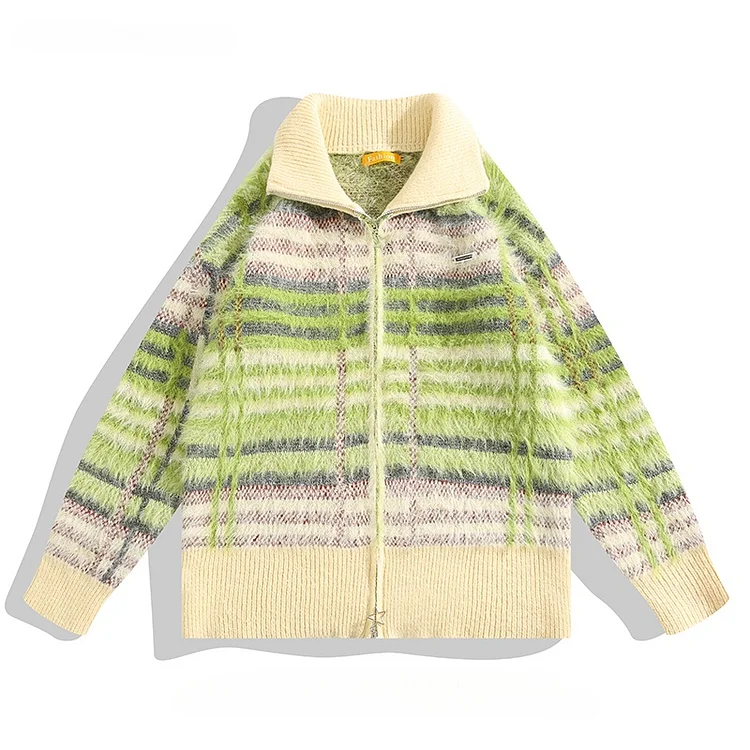 Kakacloud Autumn Winter Hong Kong Style Color-blocked Striped Sweater for Men and Women Harajuku Tie-dye Imitation Mink Cardigan Jackets