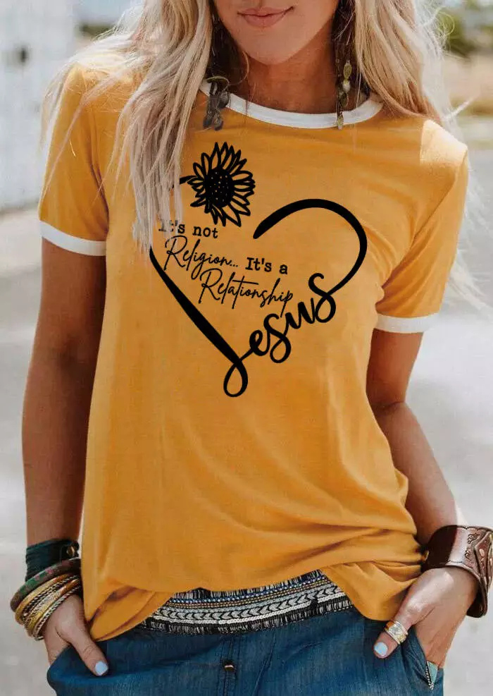 It's Not Religion It's A Relationship Jesus Sunflower Heart T-Shirt Tee