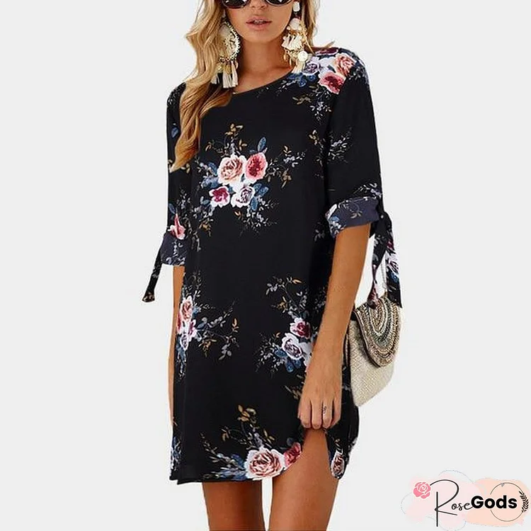 Women Chiffon Floral Print Mini Dress Boho Beach Half Sleeve Elegant Dress Black Dresses