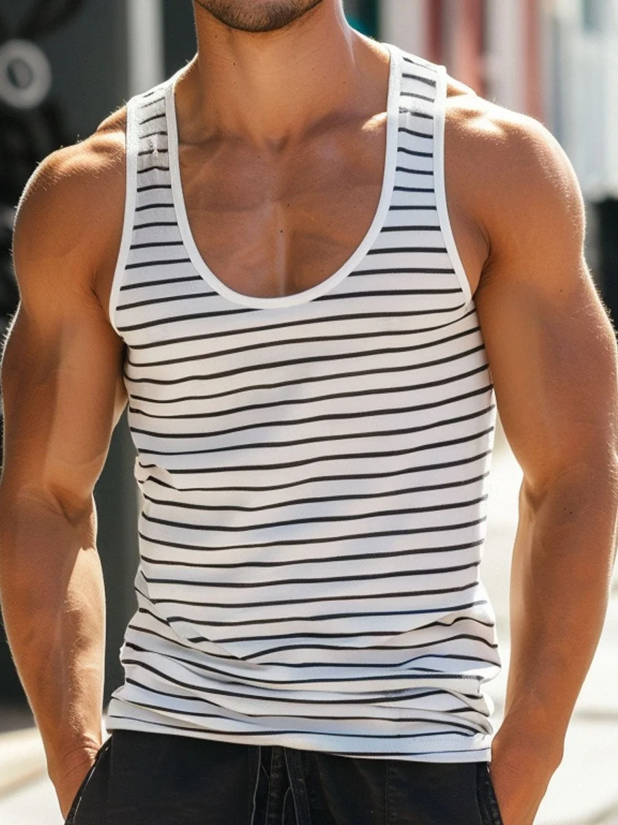 Men's Round Neck Black And White Pinstripe Print Casual Tank Top