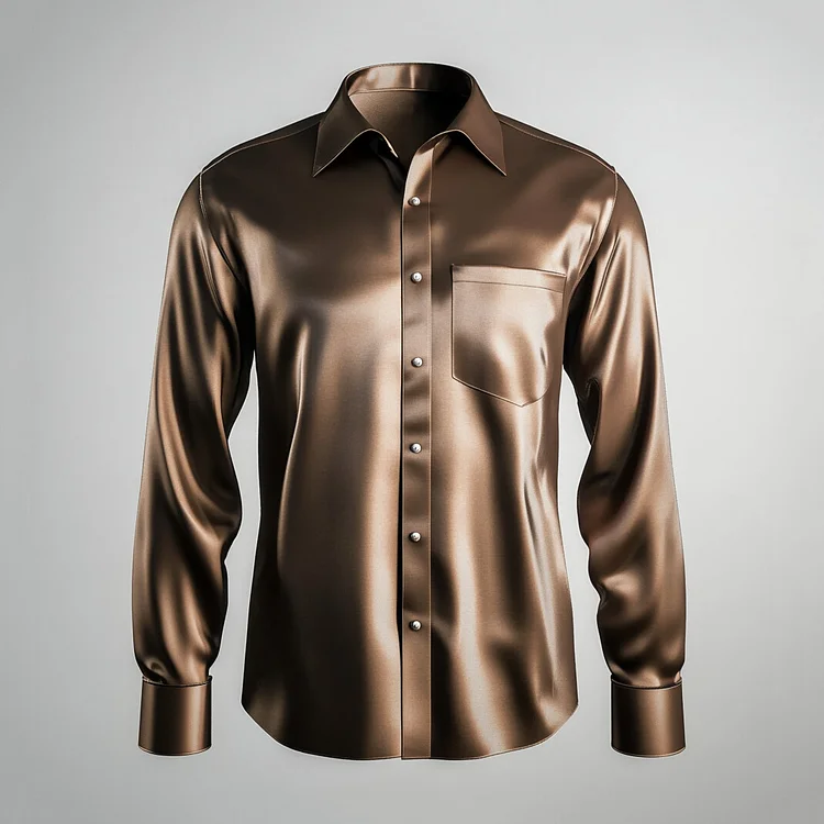 Men's Satin Solid Turndown Collar Single Breasted Chest Pocket Long Sleeve Shirt