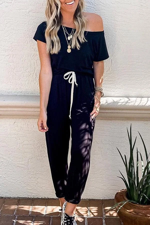 Womens Solid Color Slash Neck Jumpsuit(With Drawstring)-Allyzone-Allyzone