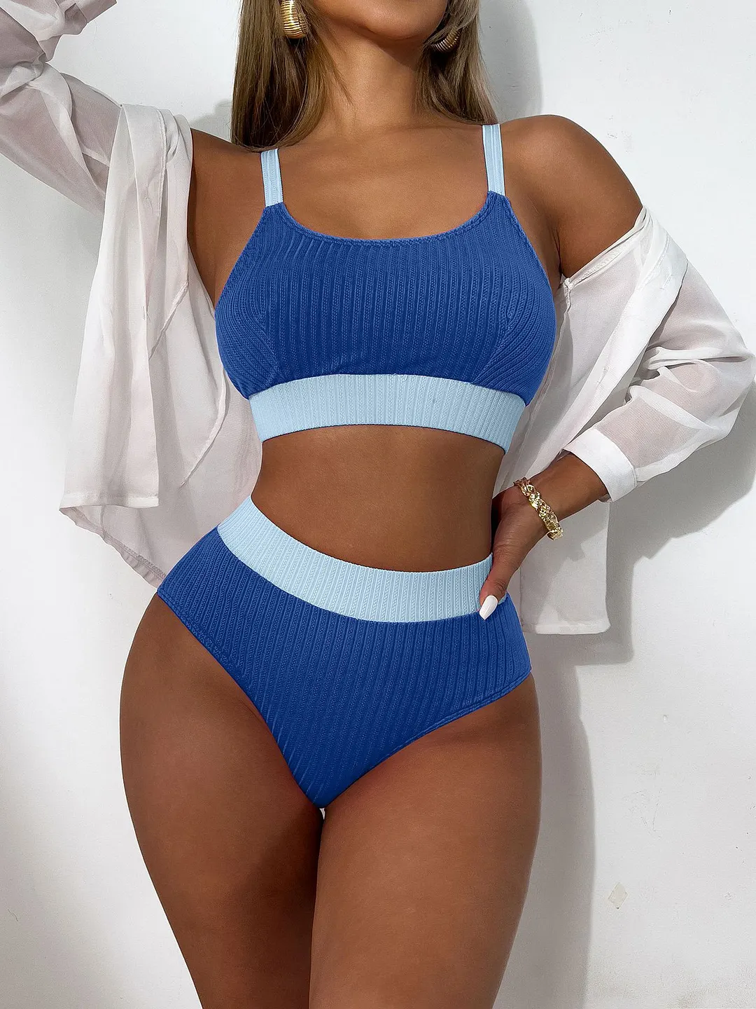 Brownm 2025 New Solid Color Sling Belt Split High-Rise Triangle Lady Sexy Hot Spring Bikini Swimsuit