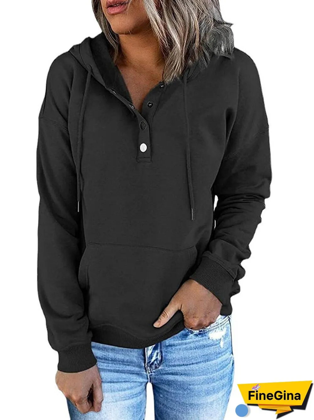 Women's Button Solid Color V-neck Long Sleeve Top