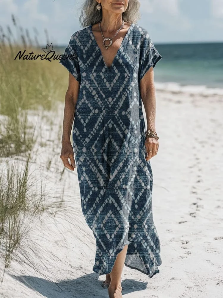 Women's Retro Geometric Rhombus Art Print Pocket Cotton Dress