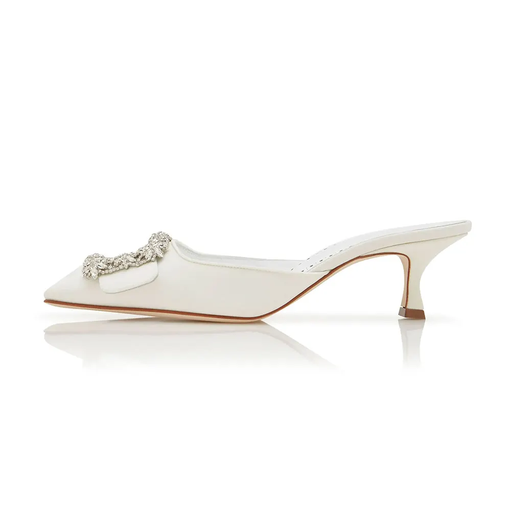 Closed Toe Slip-On Crystal Buckle White Kitten Heeled Mules