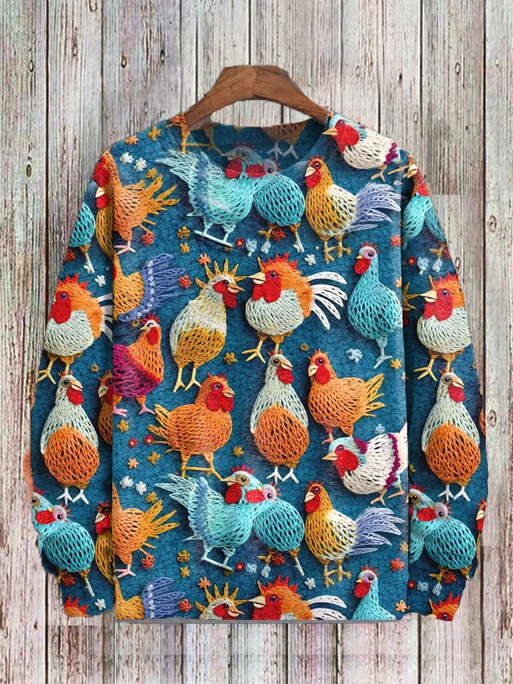 Men's Fun Rooster Felt Embroidery Art Print Sweatshirt