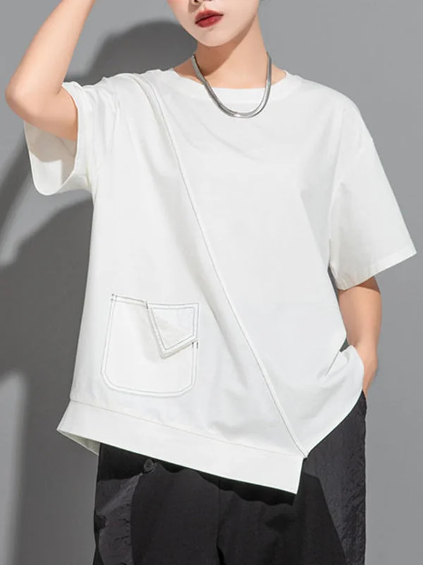 Street Black Round-Neck Asymmetric Hem Short Sleeve T-Shirt