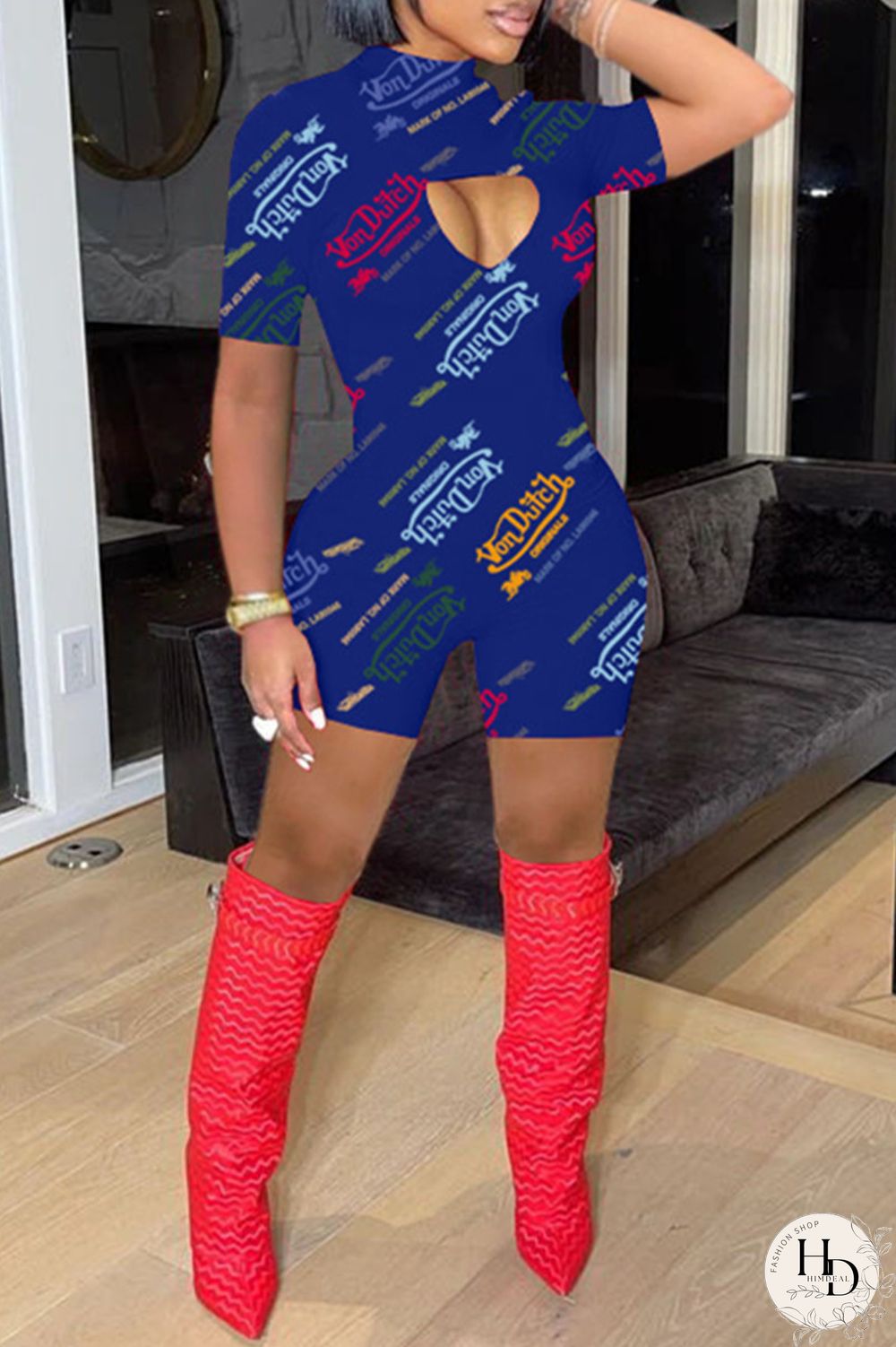 White Fashion Casual Print Hollowed Out Turtleneck Skinny Romper