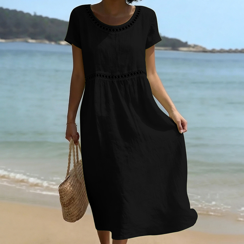 Comstylish Round Neck Short Sleeve Lace Solid Color Cotton Dress