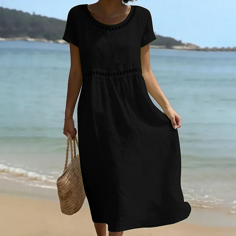 Round Neck Short Sleeve Lace Solid Color Cotton Dress