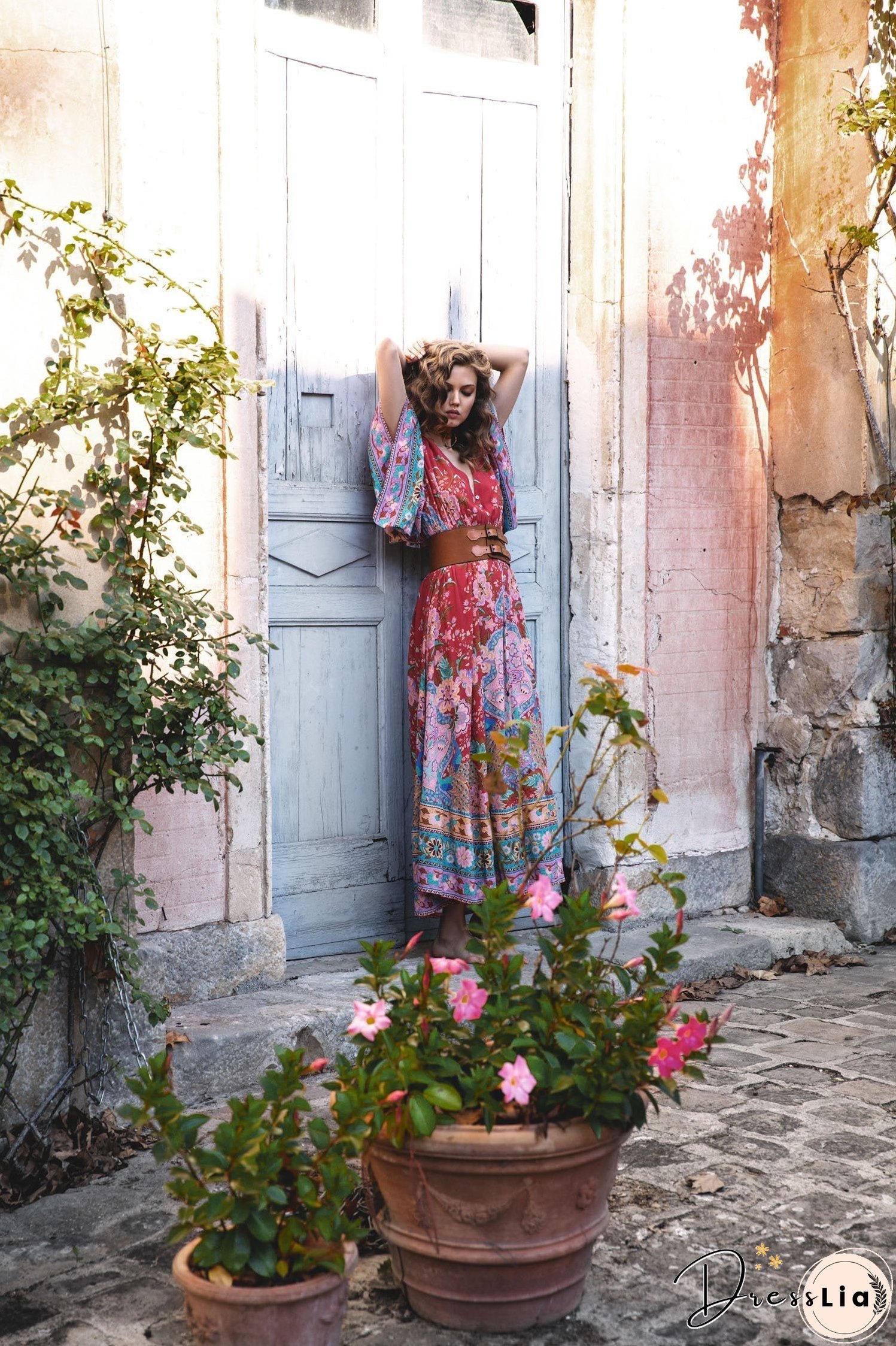 Bohemian Maxi Lotus Print V-Neck Long Dress