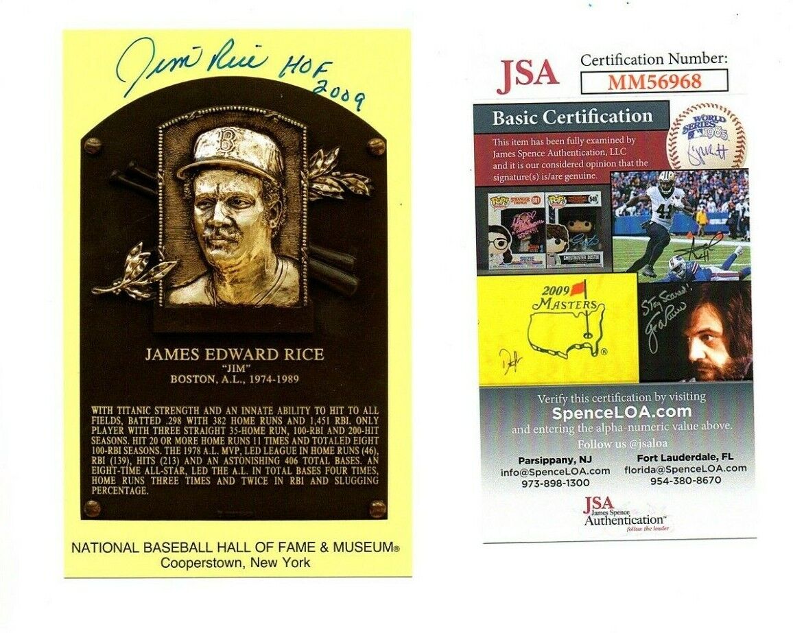 Jim Rice Signed Hall Of Fame Plaque Postcard HOF 09 Autograph Boston Red Sox JSA