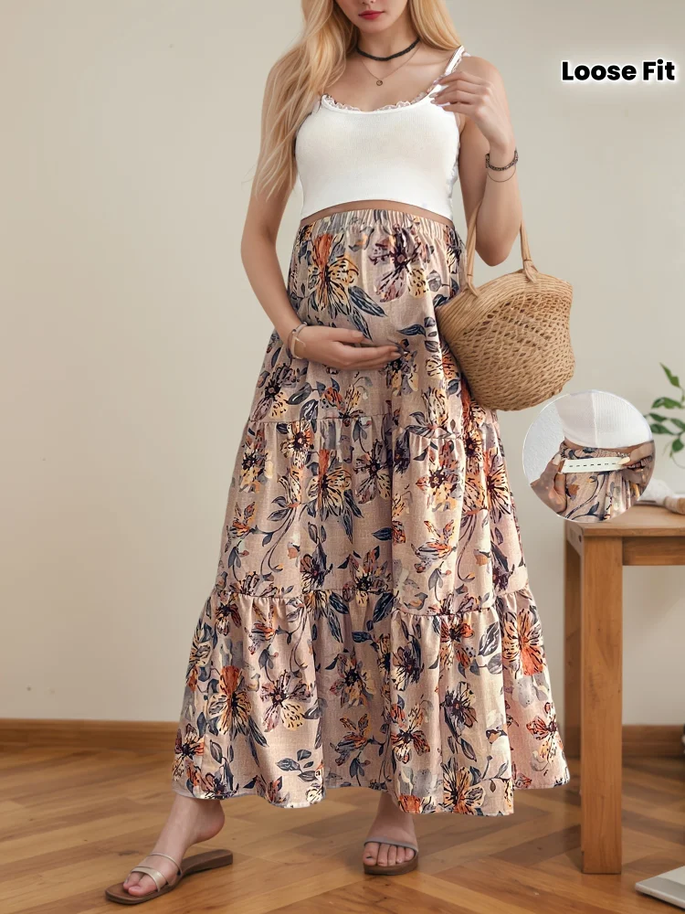 Elegant Maternity Floral Print Maxi Skirt | Loose Fit Breathable Summer Pregnancy Skirt With Umbrella Shape, Ruffled Hem, Machine Washable For Women