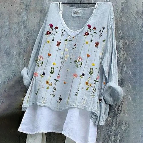 Vintage Floral Cotton Linen V Neck Casual Shirt