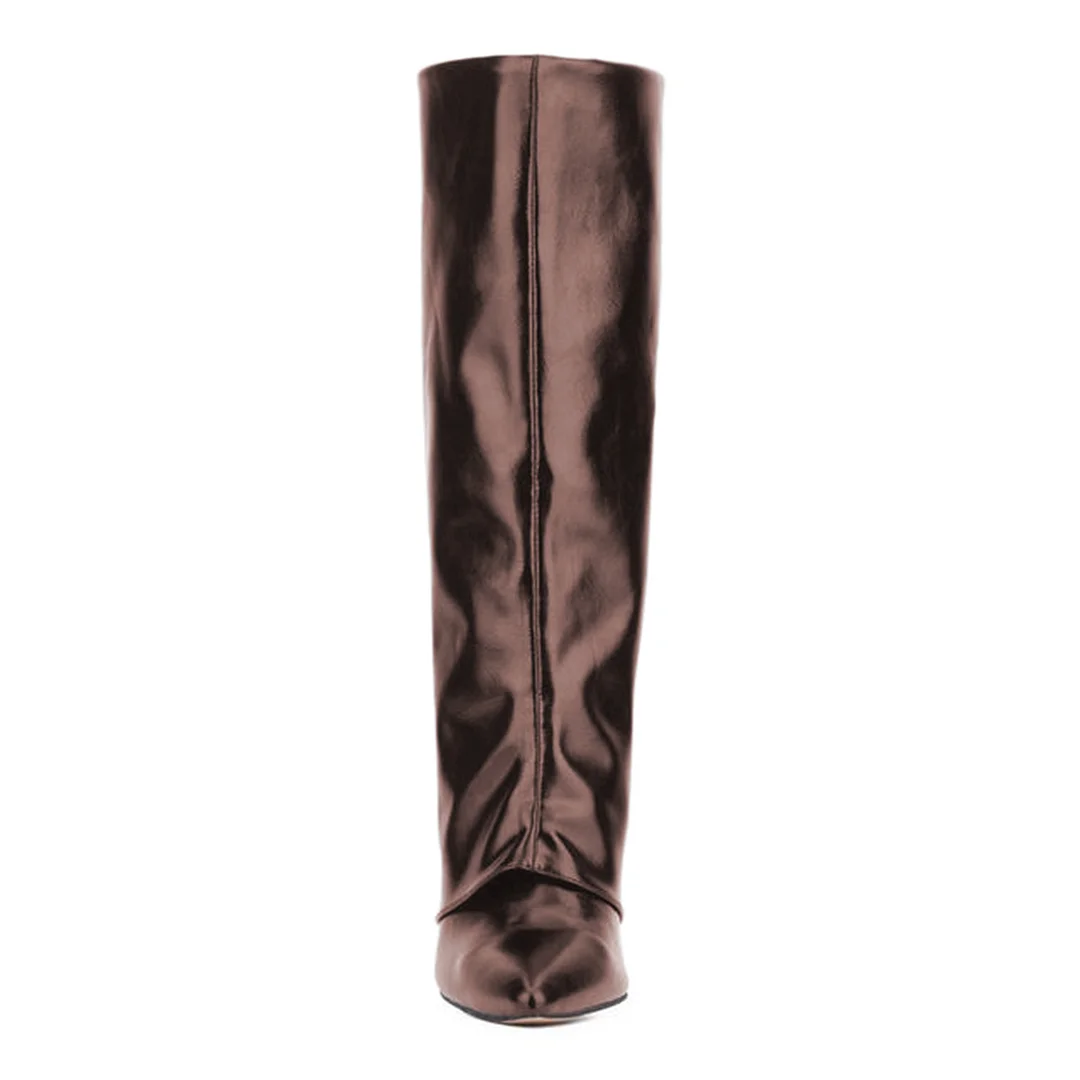 Shiny Dark Brown Vegan Leather Pointed Fold-Over High Heel Boots
