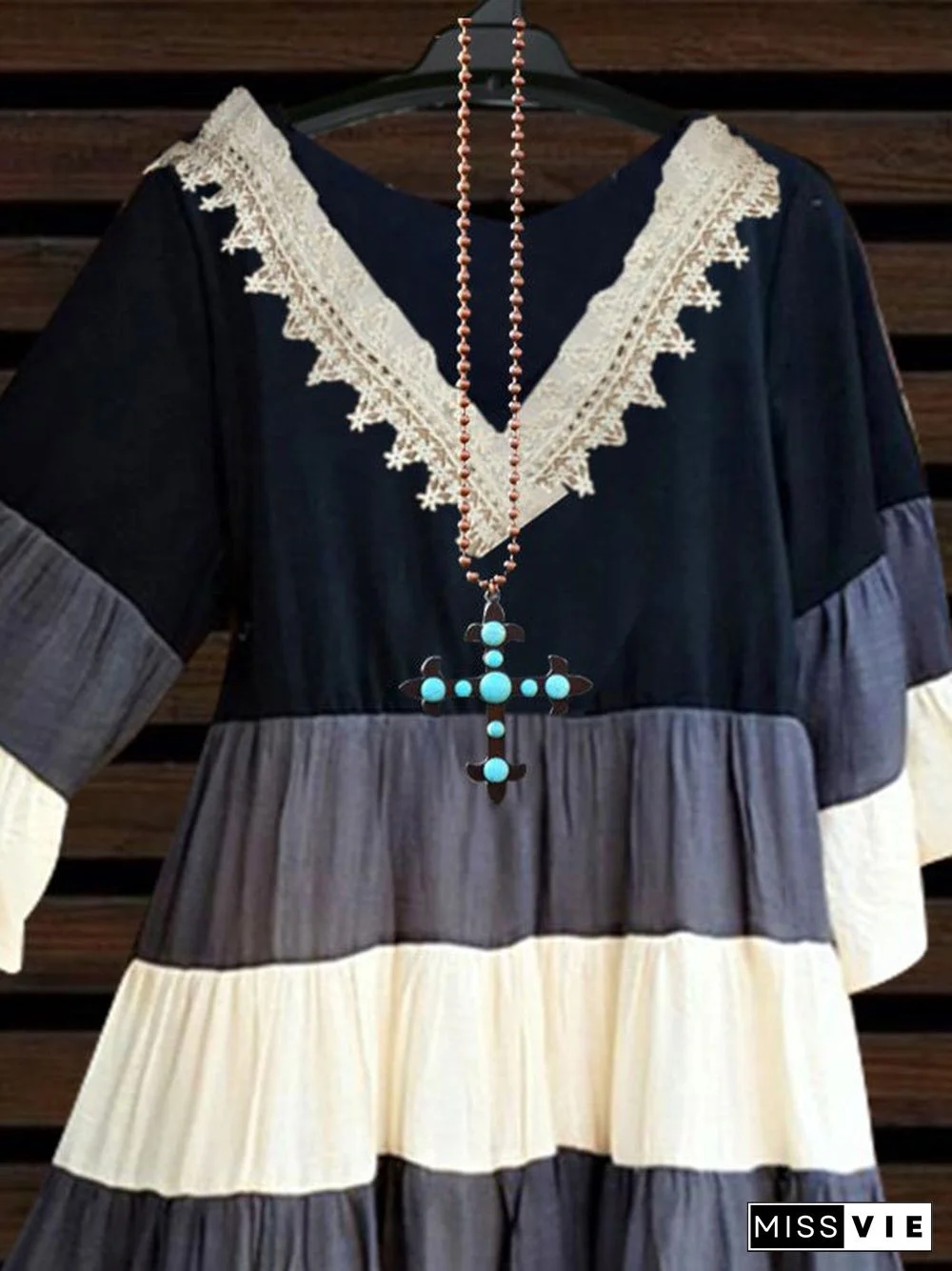 Women's Half Sleeve V-neck Colorblock Striped Top Dress