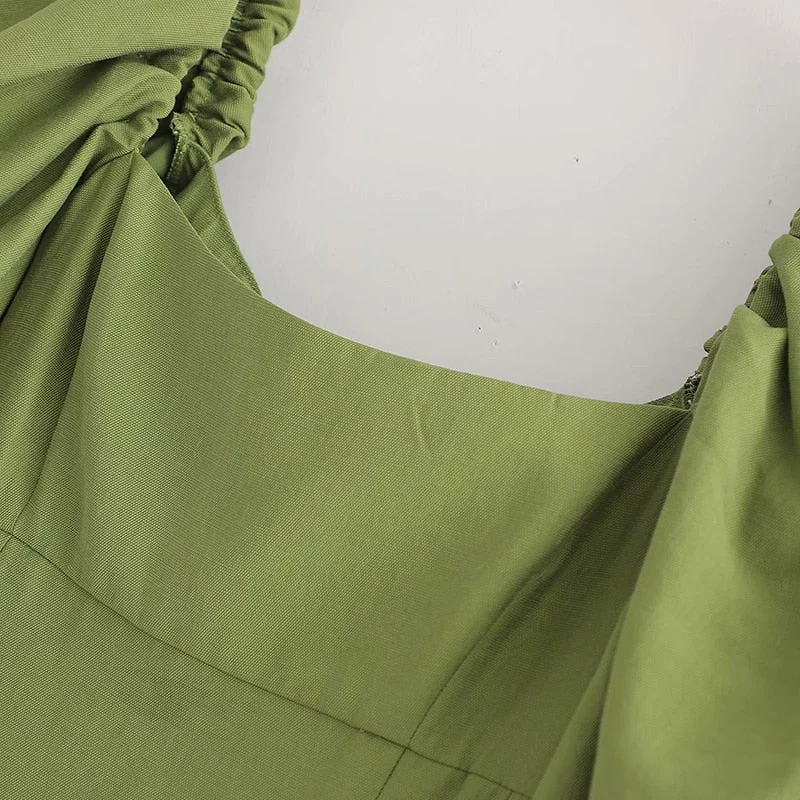 Aachoae Women Green Pleated Dress Puff Short Sleeve Ladies Dresses Square Collar Loose Knee Length Dress Sundress Ropa Mujer