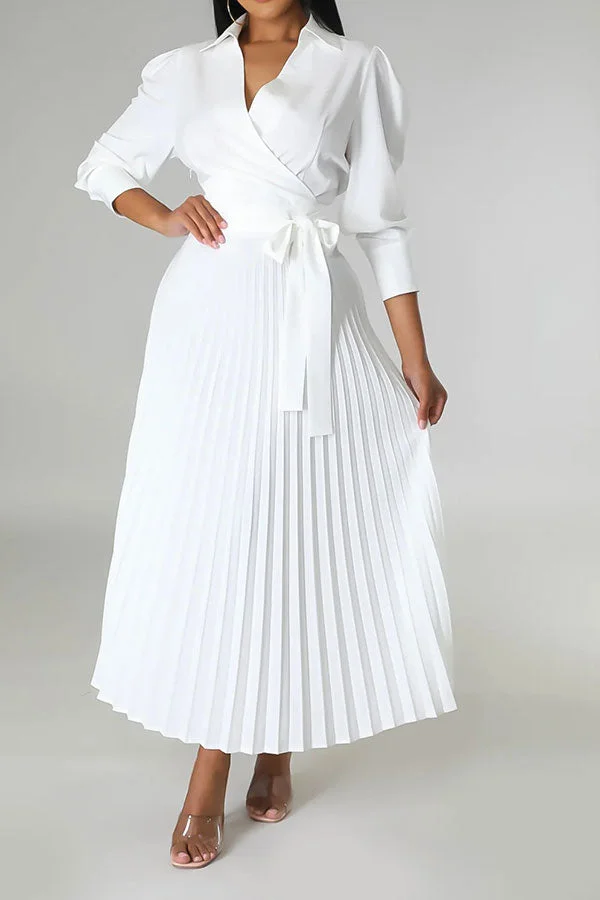 Solid Color Commuting Belted Pleated Midi Dress