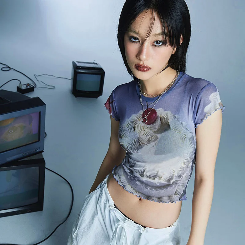 Uveng Sweet Wind Collar Bag Sleeve Cherry Cake Blue T-Shirt In Fashion Summer Wood Ear Exposed Umbilical Babes Top