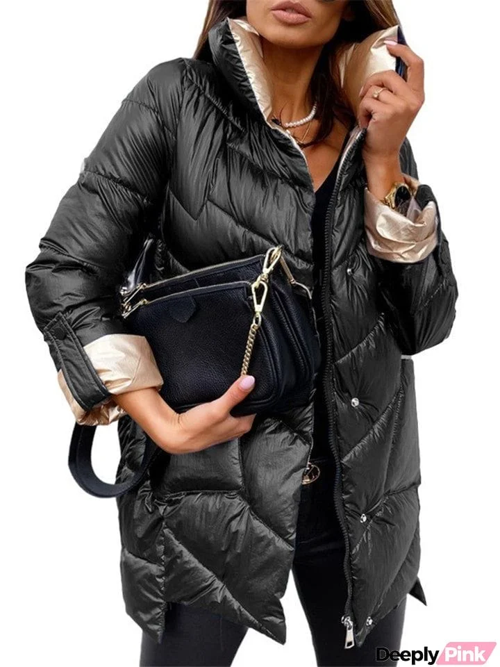 Fashion Stylish Glossy Zipper Solid Color Stand Collar Coat For Women