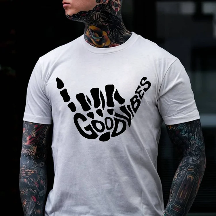 MOTOSUNNY GOOD VIBES Bone Hand Graphic Casual White Print T-shirt e814