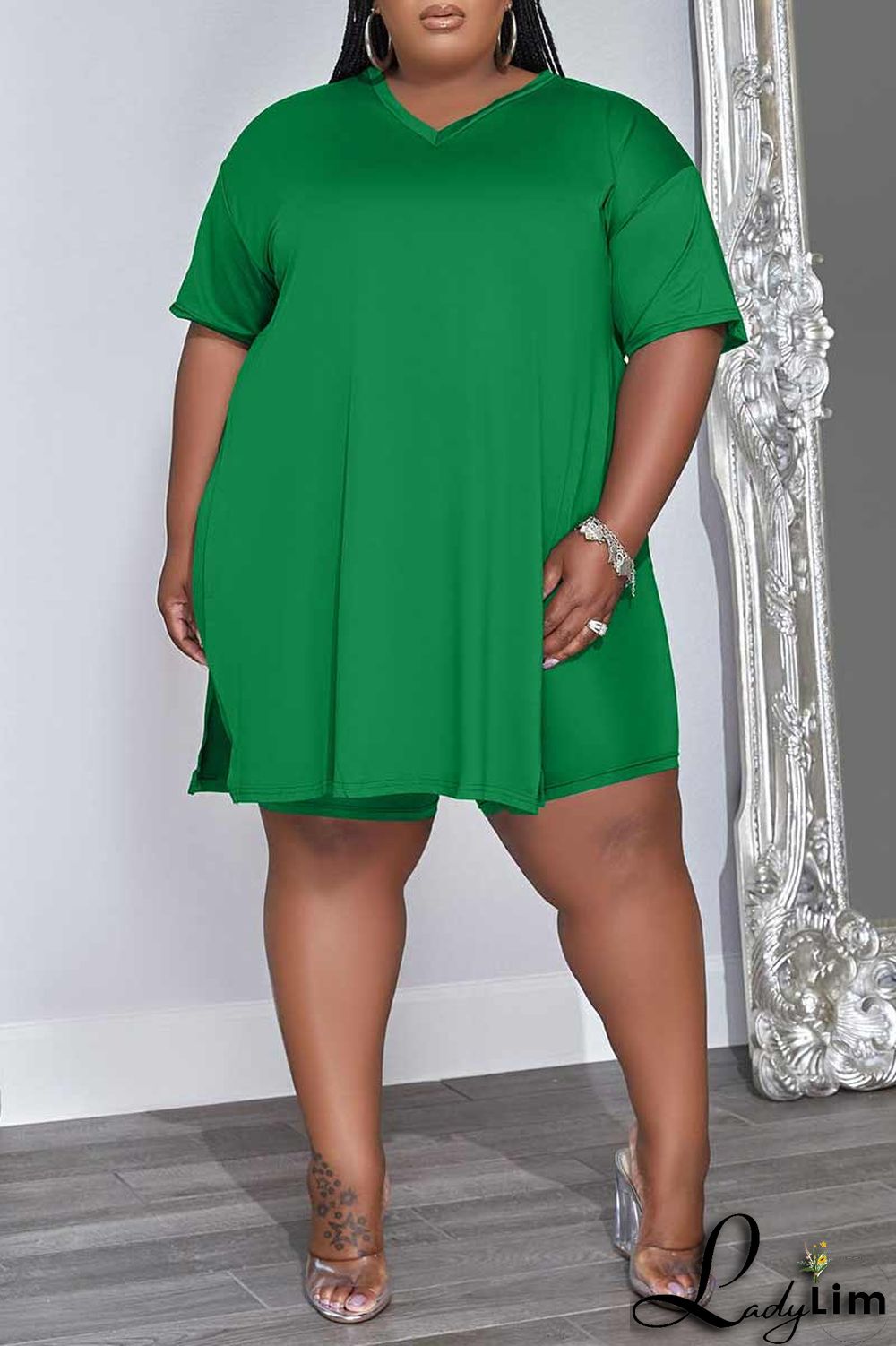Green Casual Solid Patchwork V Neck Plus Size Two Pieces
