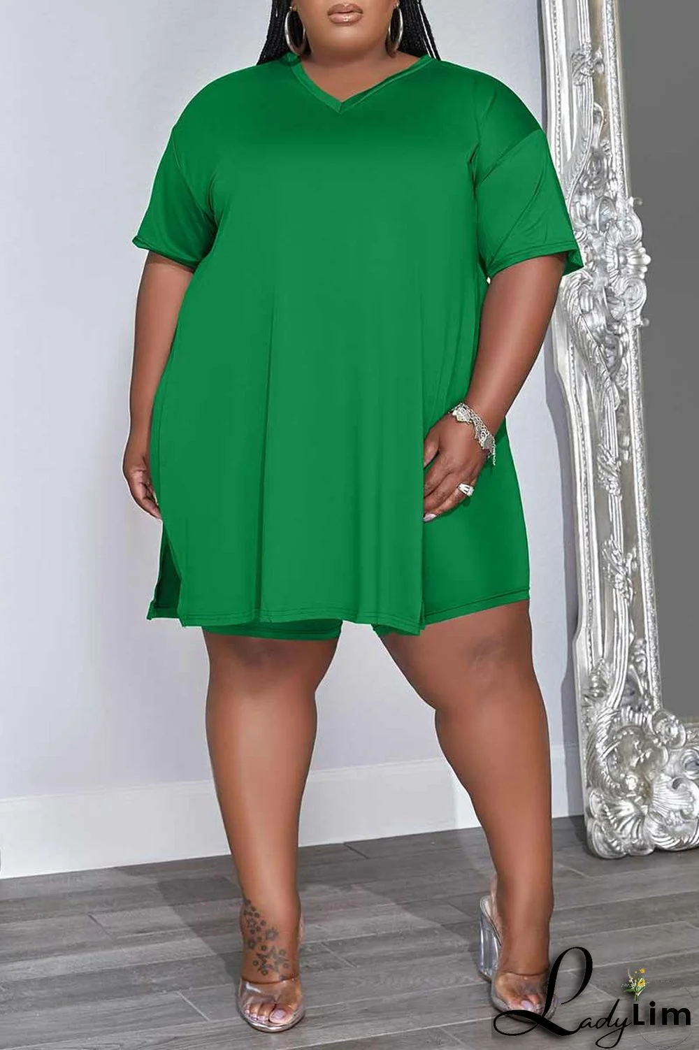 Green Casual Solid Patchwork V Neck Plus Size Two Pieces