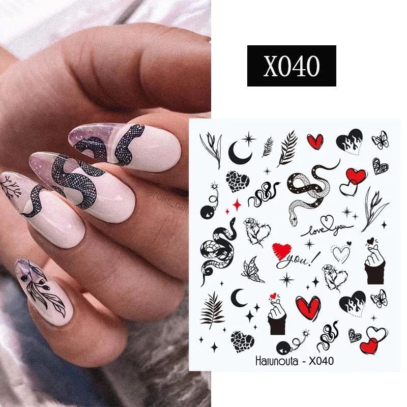 Harunouta Snake Animal Design Water Decals Black Snake Tattoo Love Shaped Character Image Nail Art Stickers Decoration