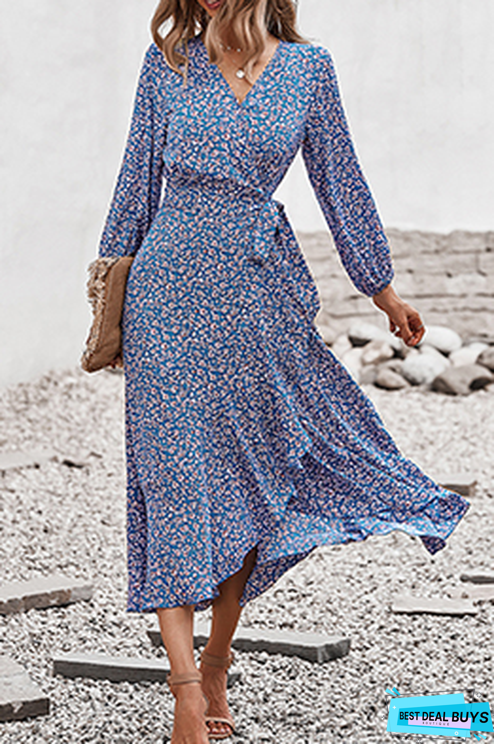 Elegant Floral Flounce Strap Design V Neck A Line Dresses(5 Colors)