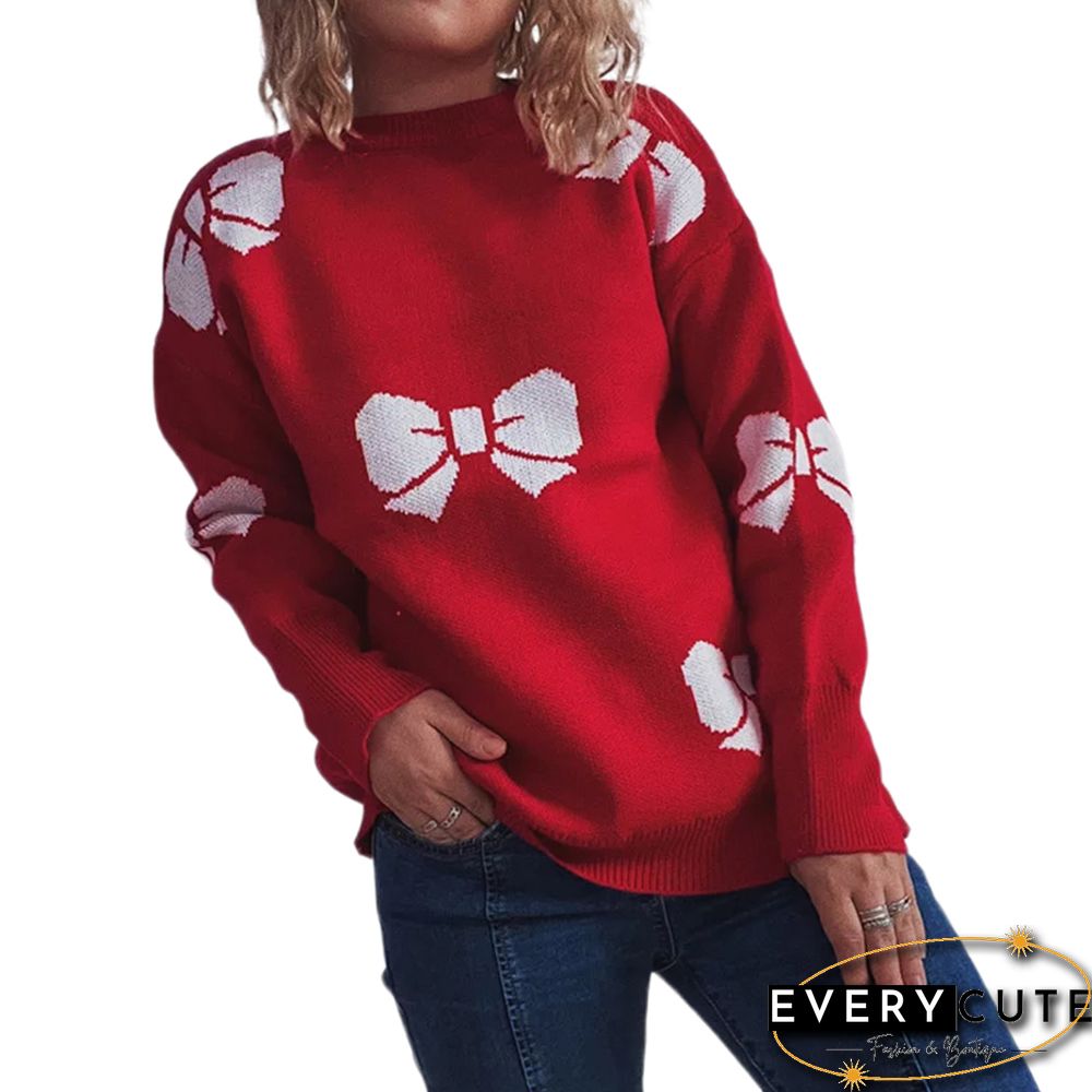 Red Bowknot Print Thicken Christmas Sweater