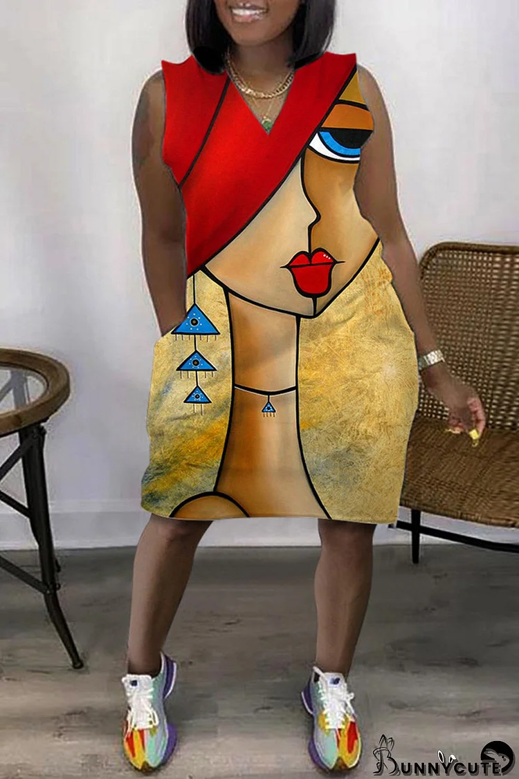 Red Yellow Fashion Casual Print Patchwork V Neck Sleeveless Plus Size Dress