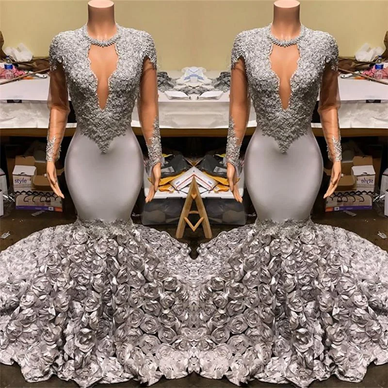Charming Mermaid U Neck Satin Floral Long Prom Dress, Evening Dress C6987 main image 1