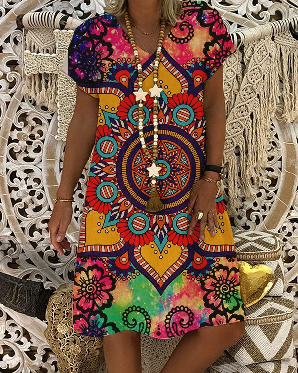 Casual Mandala V-Neck Resort Short Sleeve Dress