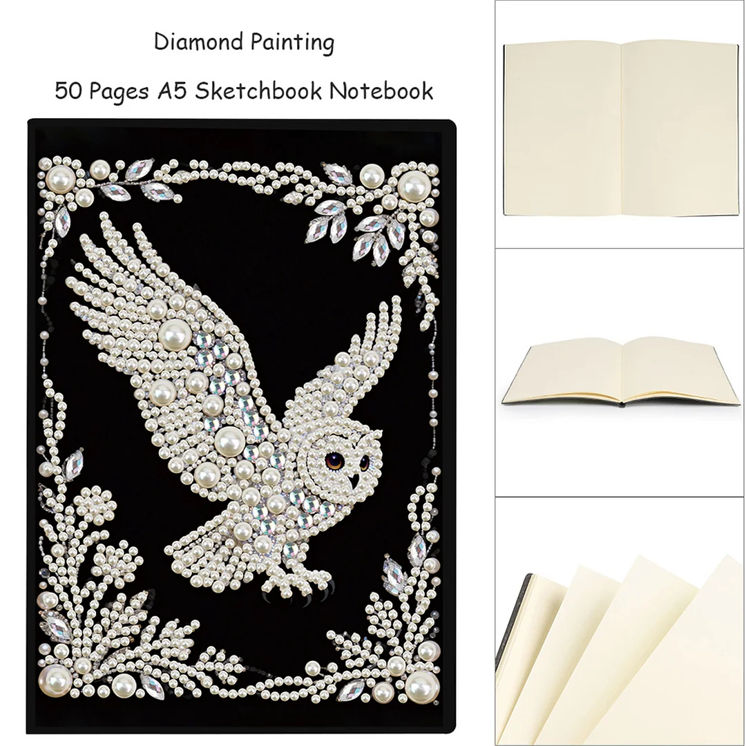 Owl Partial Pearl DIY 50 Pages A5 Diamond Painting Notebook Special Shaped Diamond Art Diary Book Kits Wireless Strip 5D Crystal Art Paintings Sketchbook for Art Drawing