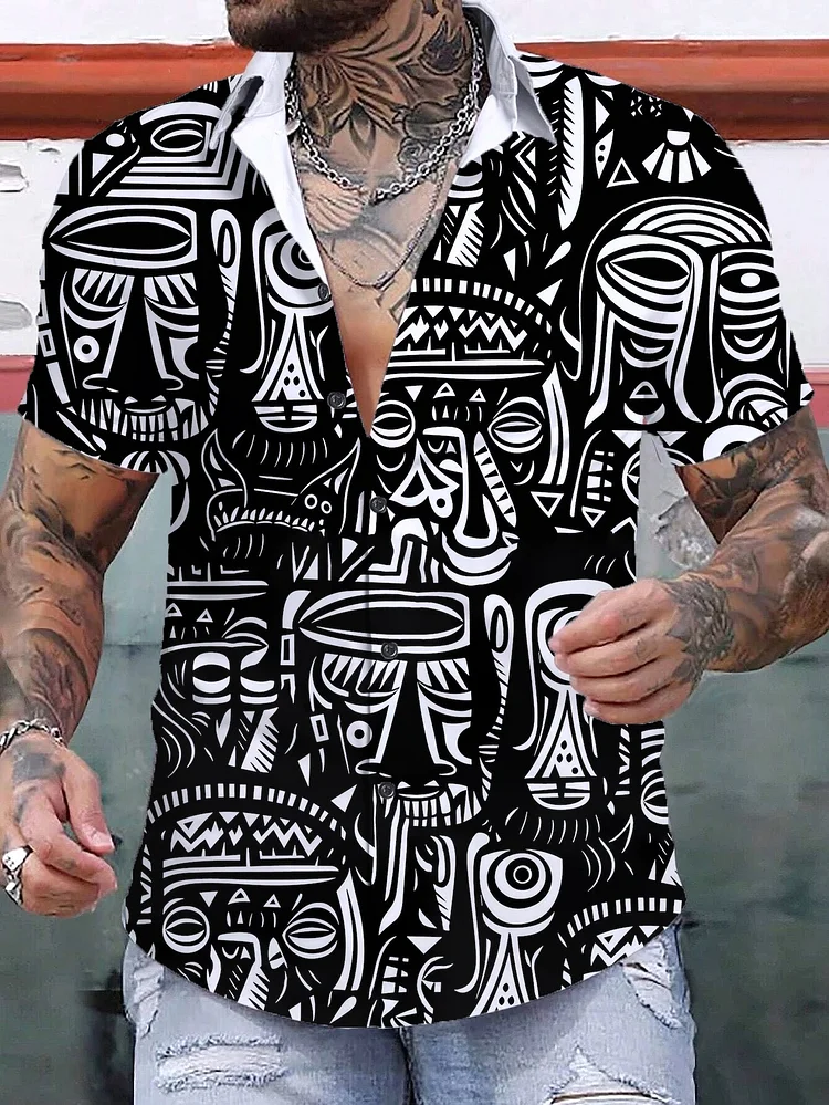 Kakacloud 2025 Summer Men's Shirts Art Tiki Graphic 3D Print Simple Shirts Short Sleeved Tops Streetwear Loose Casual Hawaiian Shirt
